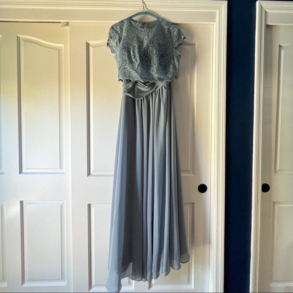 Dusty blue bridesmaid dress with lace cover